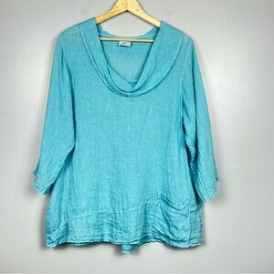 Click by Color Me Cotton aqua 100% linen cowl neck 3/4 sleeve lagenlook top, XL.